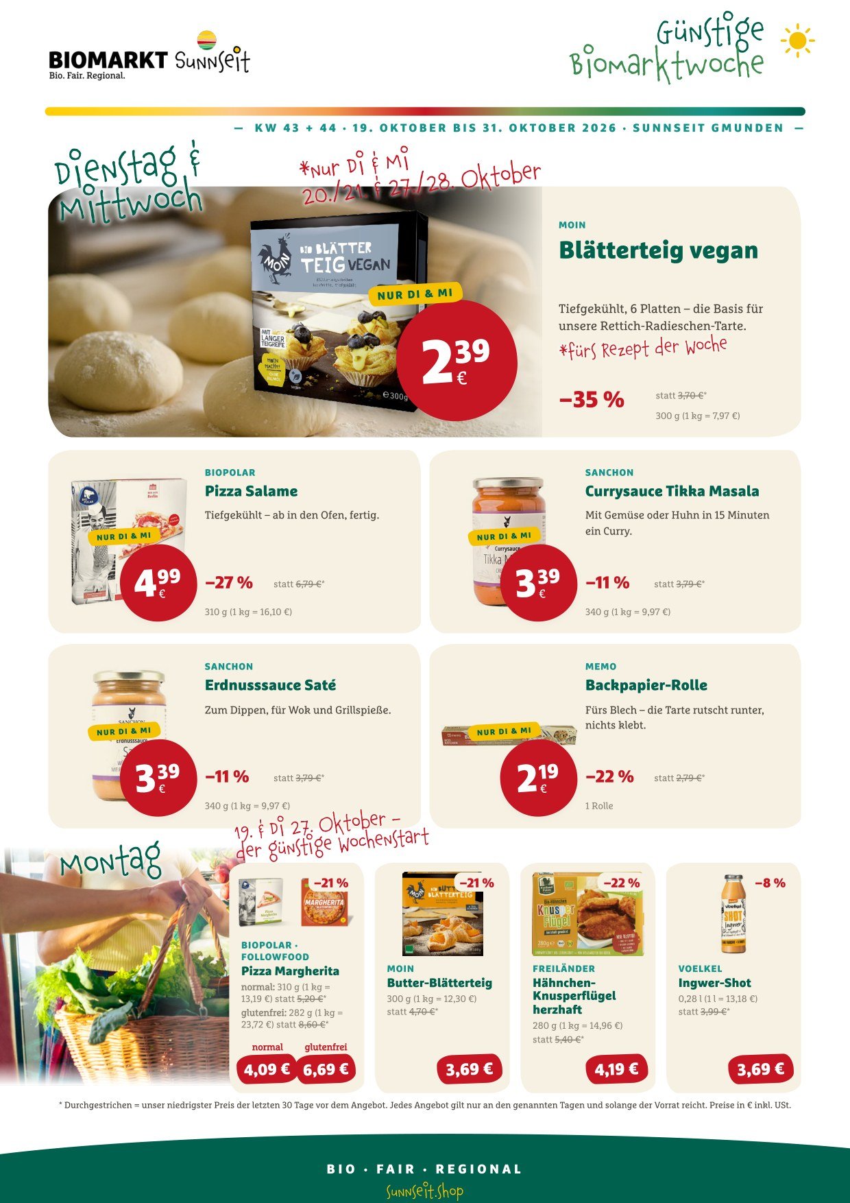Flyer Günstige Biomarktwoche 19.–31. Oktober 2026, Seite 1: Angebote für Montag, Dienstag und Mittwoch sowie Donnerstag bis Samstag im Sunnseit Biomarkt Gmunden