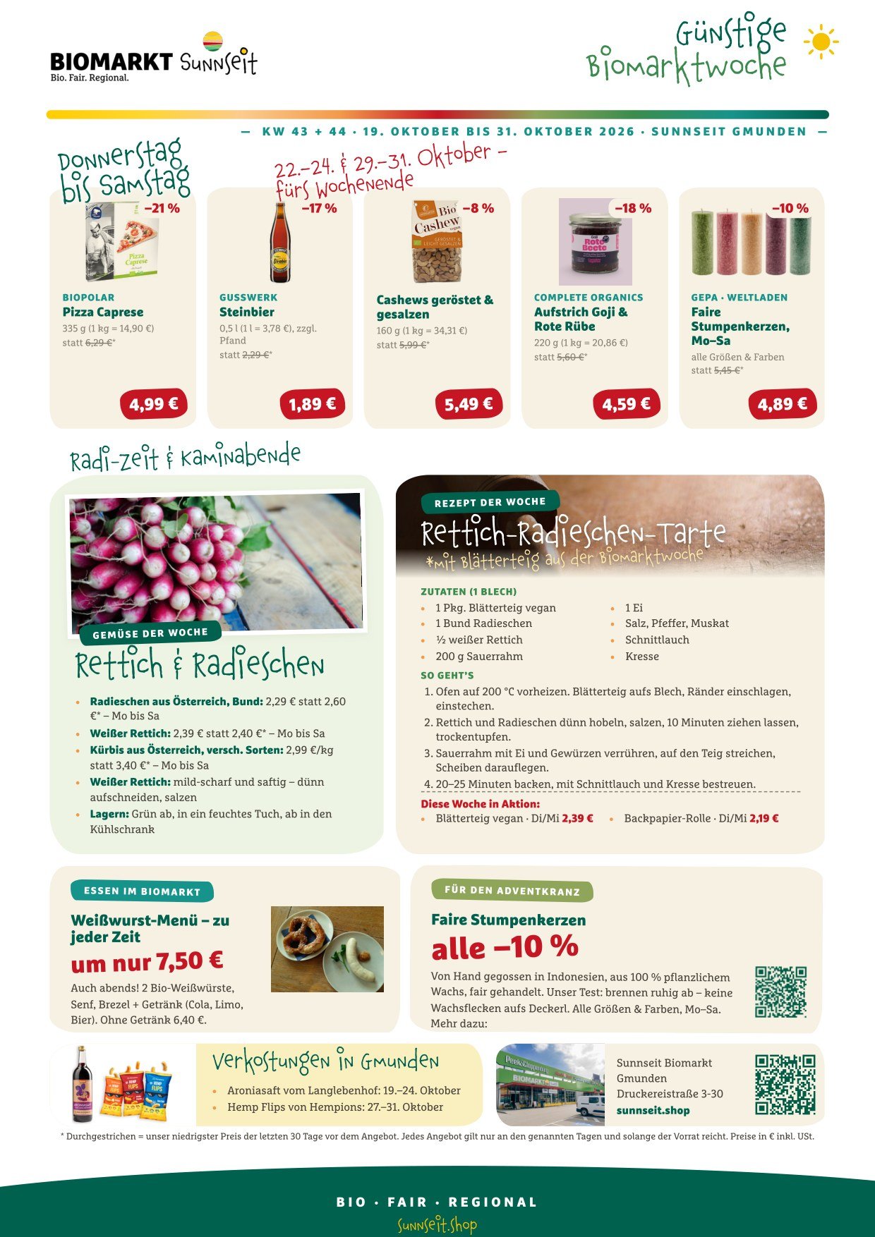 Flyer Seite 2: Gemüse der Woche, Rezept, Weißwurst-Menü und faire Kerzen